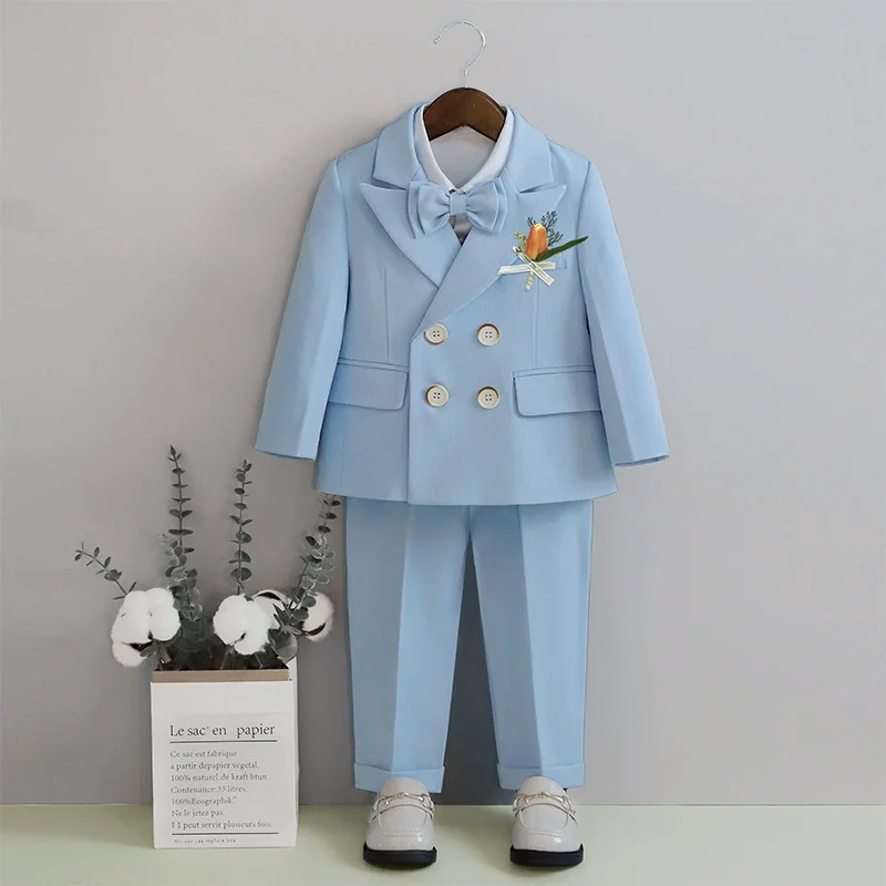 Flower Boys Wedding Outfit Kids Spring Autumn Jacket Vest Pants Bowtie Brooch 5Pieces Suit Set Children's Performance Costume