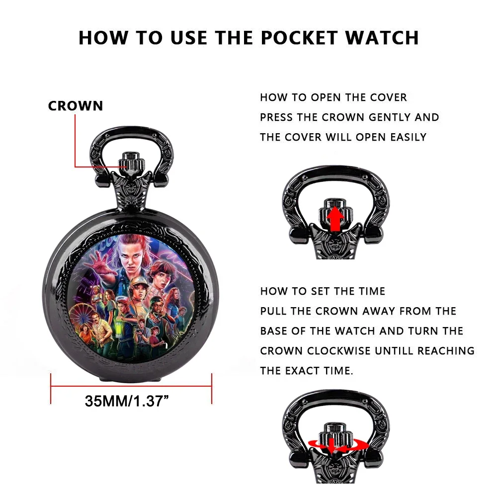 Personalized Character Set Black Dome Glass Pocket Watch