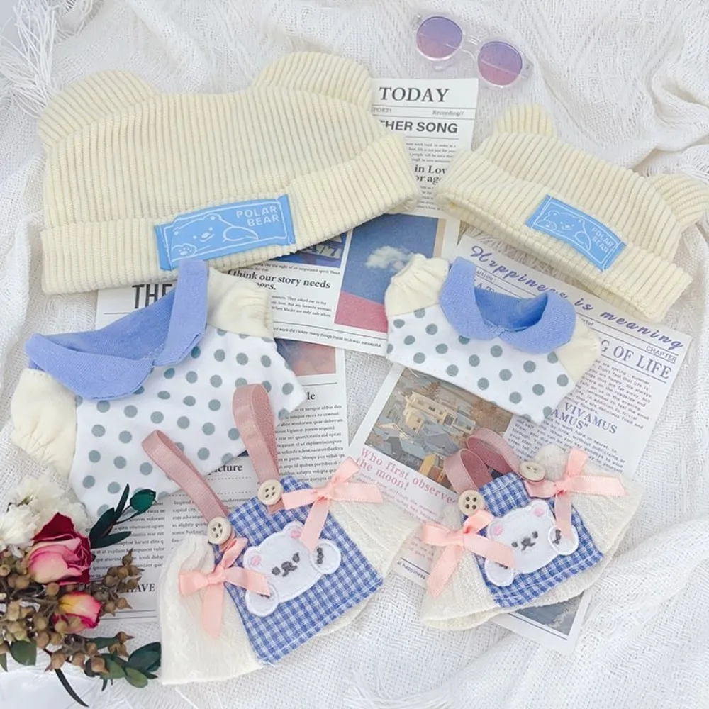 Saia xadrez 10cm roupas de boneca de algodão pequeno urso chapéu manchado topo 20cm roupas de boneca roupa bonito terno conjunto de roupas de boneca