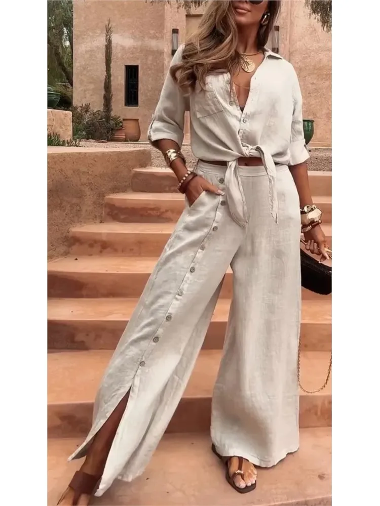 

Женская мода, свободный топ с длинными рукавами, широкие брюки, комплект из двух предметов, осенний темперамент, элегантный простой однотонный повседневный комплект