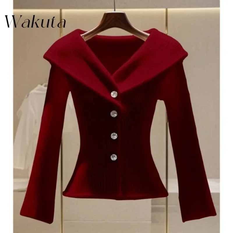 WAKUTA 2025 Fall Lapel Long-sleeved Solid Small Fragrant Wind Jumpers Fashion Fall/Winter Waist Slim Knit Jumper 여성 반팔 니트 Свитер