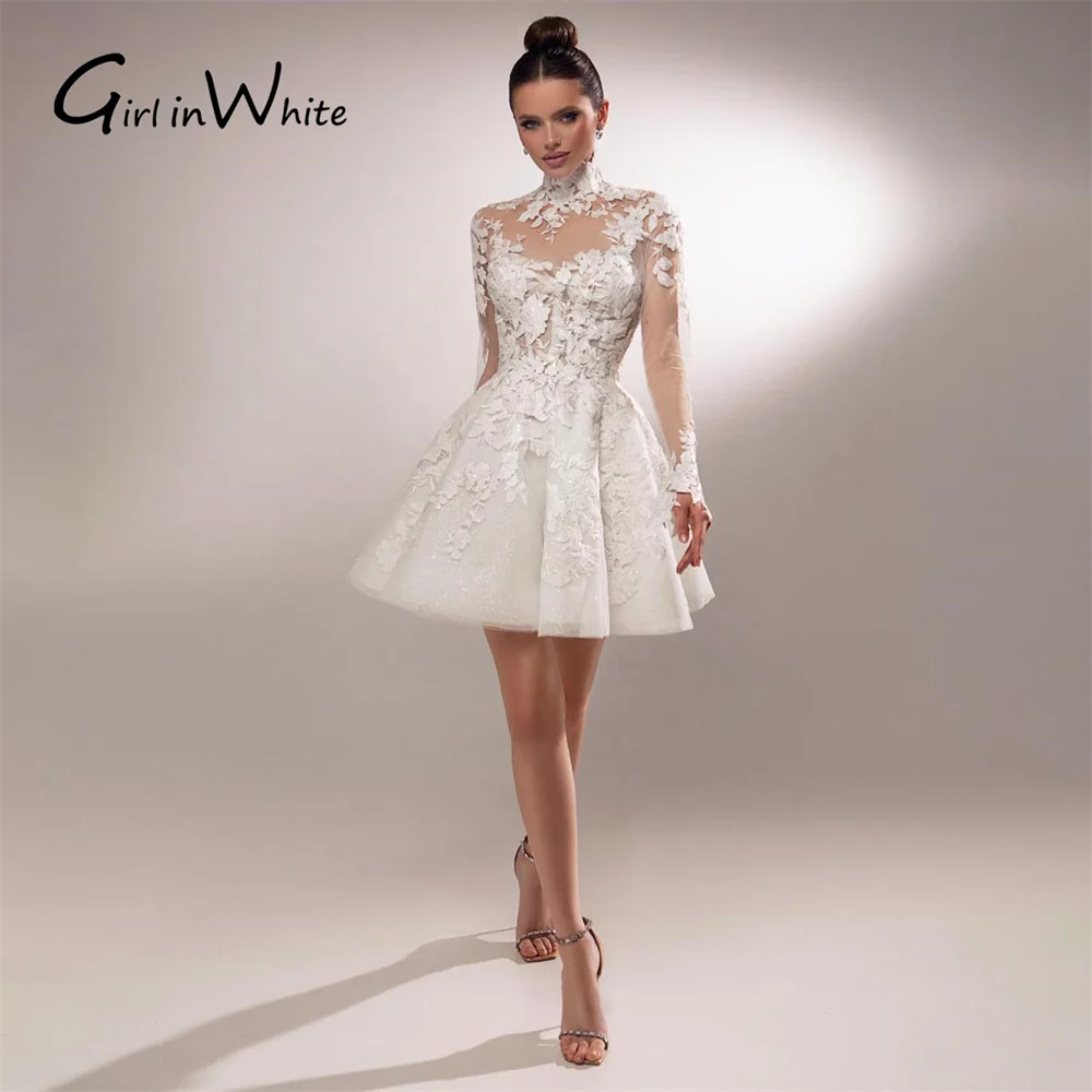 Abiti da sposa corti semplici con applicazioni in pizzo personalizzati Mini abito da sposa a maniche lunghe sopra abiti da sposa al ginocchio Dimensioni personalizzate