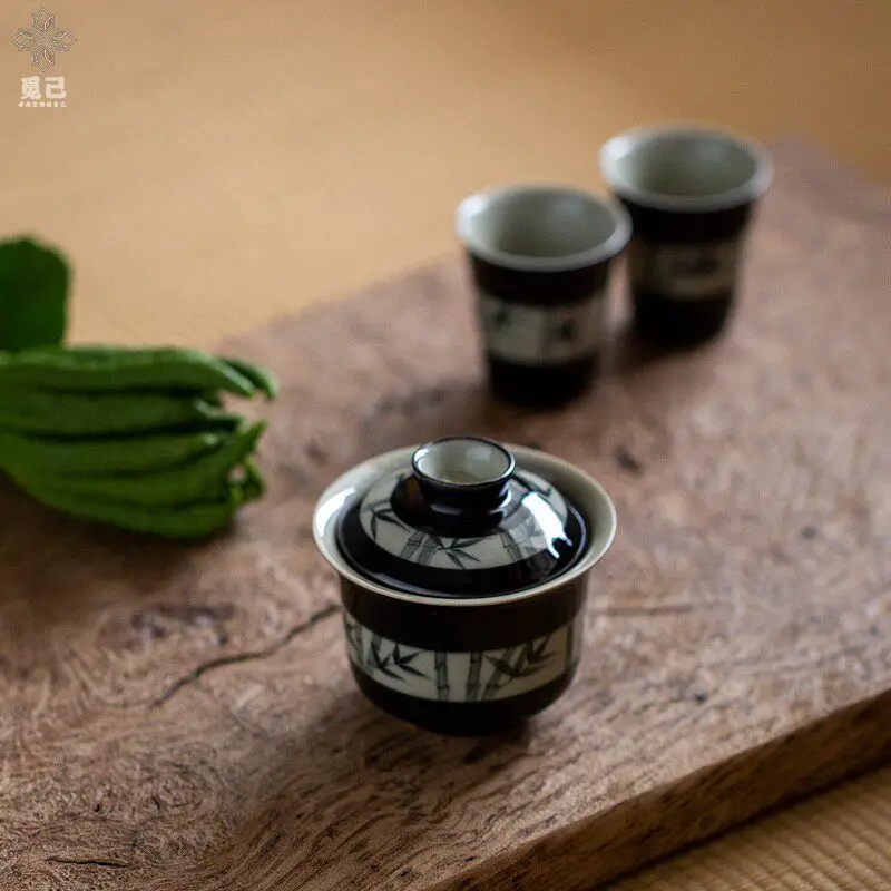 Hand Painted Black Bamboo Two Piece Gaiwan, Ceramic Lidded Tea Bowl for Personal Brewing, Guest Service and Relaxed Tea Sessions
