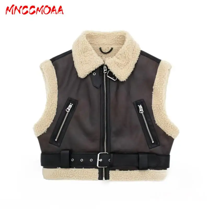 MNCCMOAA-Women's Faux Leather Lambswool Double Sided Vest, Female Waistcoat, Casual Sleeveless Pockets Tank, Winter Fashion 2024