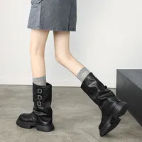 Women's Fashionable 2024 New Style Round Head Middle Heel Metal Buckle High-End Feel Elegant Black Boots Rubber Material Mature 