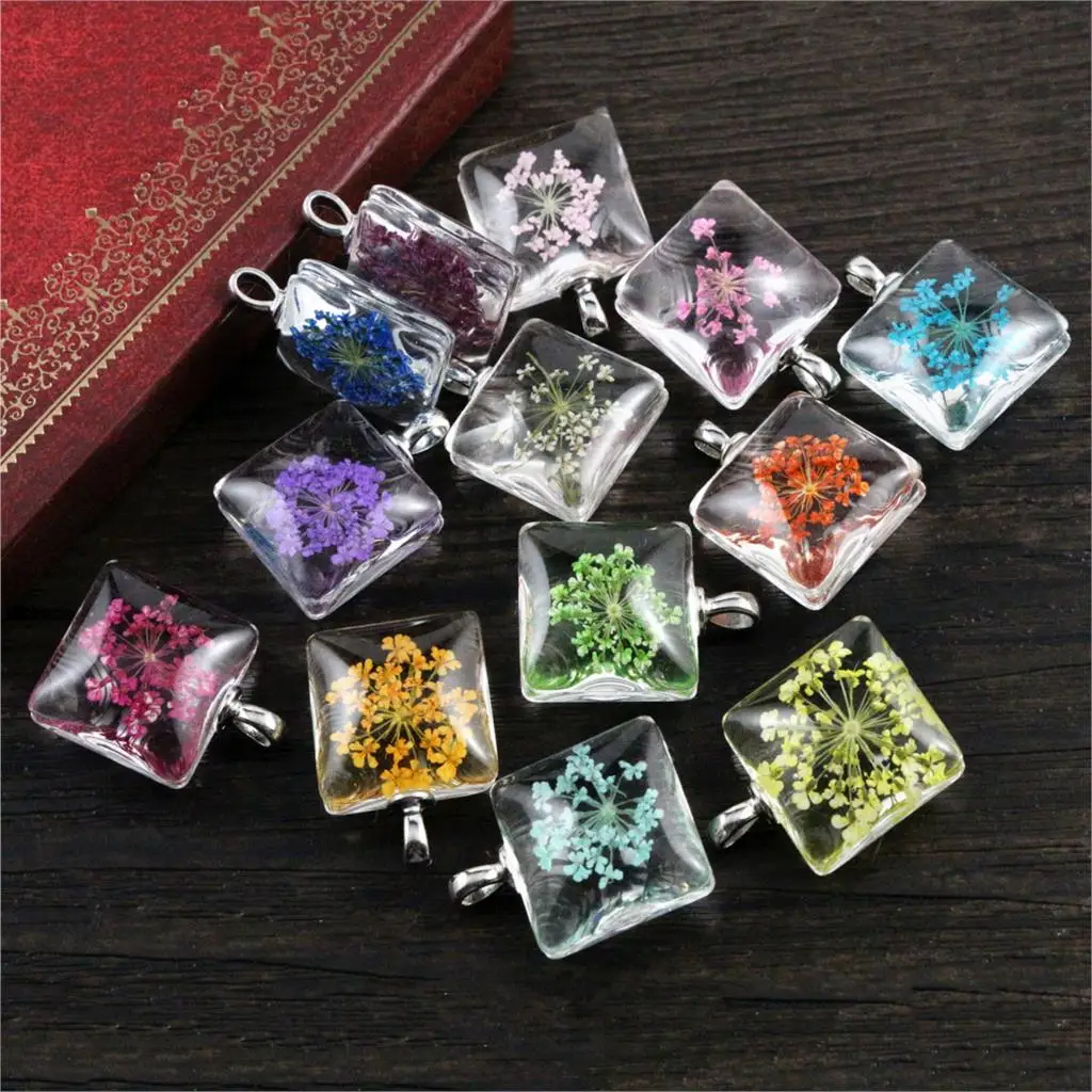 5pcs 27x20mm Hot sale Jewelry Crystal Glass Real Dried Flower Square Necklace Pendant; Necklaces For Women -M7-16