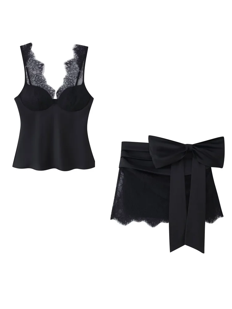 

HH Women Satin Texture Lace Skirt Set Zipper Vintage Top+High Waist Splice Backless Bow Decoration Pleated Summer Mini Skirt