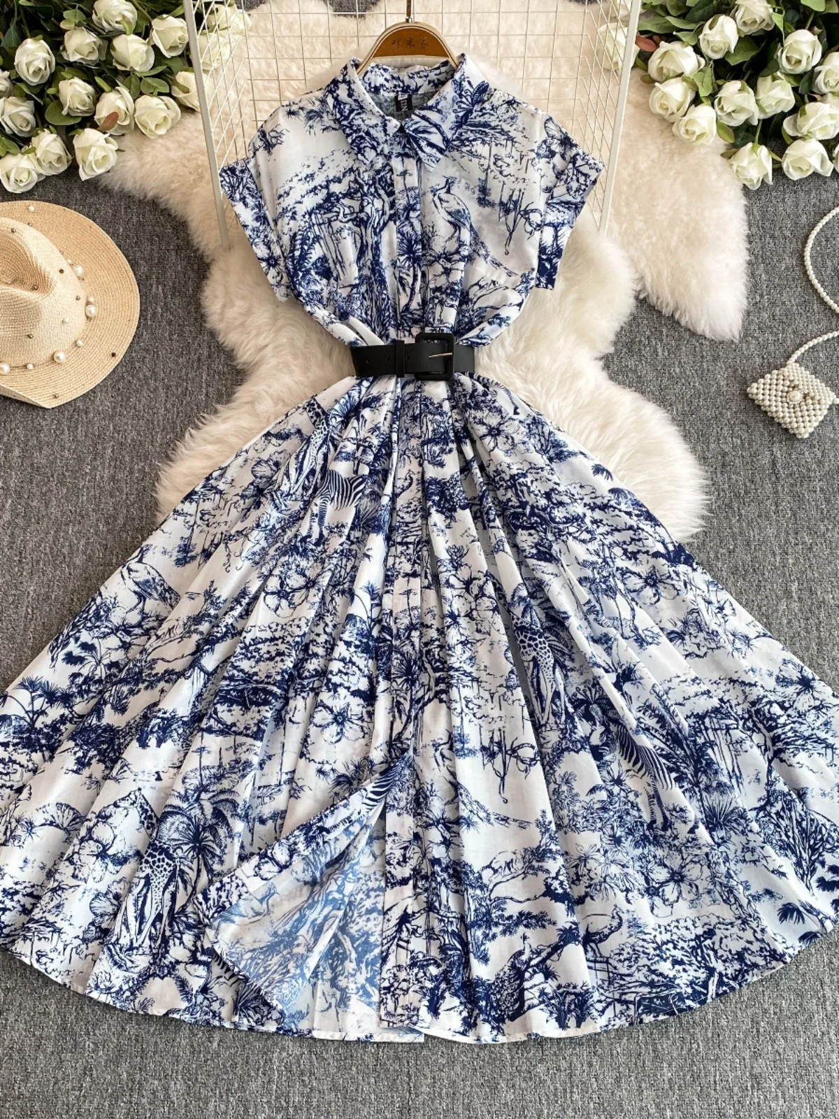 Ele Summer 2025 Stampa floreale Midi Dr Colletto rovesciato ort Sve Abito a trapezio a vita alta Gonna svasata vintage da donna