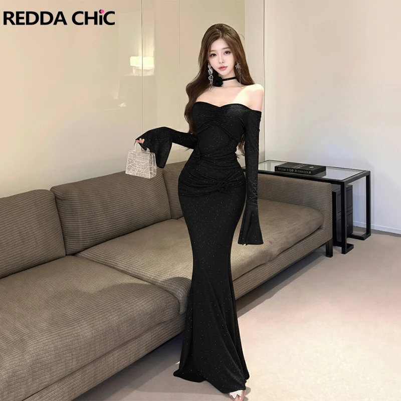 

ReddaChic Applique Shirred Bodycon Dress Strapless Flare Sleeves Shirred Maxi Long Sequin Glitter Black Dress Sexy Women Clothes