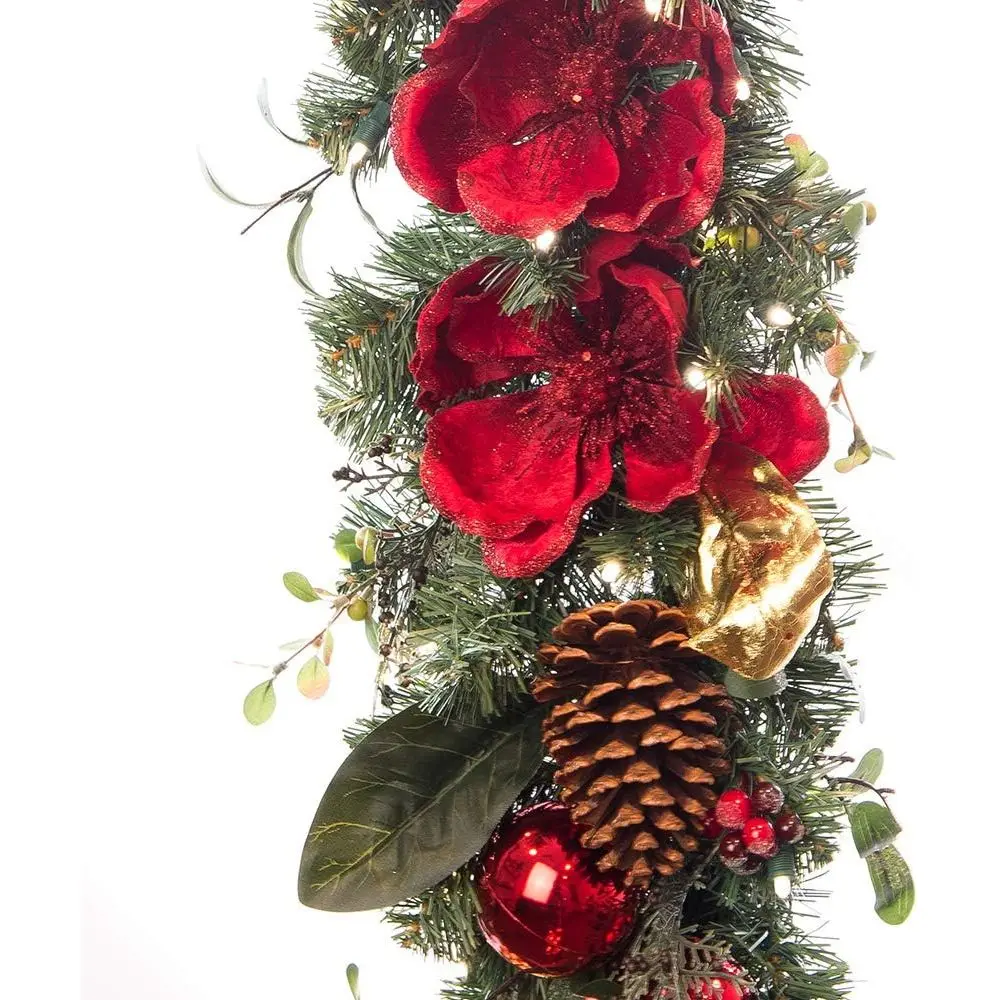 

Искусственная рождественская гирлянда — Коллекция красной магнолии — Красное и золотое украшение — предварительно освещенное со 100-мя теплыми прозрачными цветными светодиодами Mini