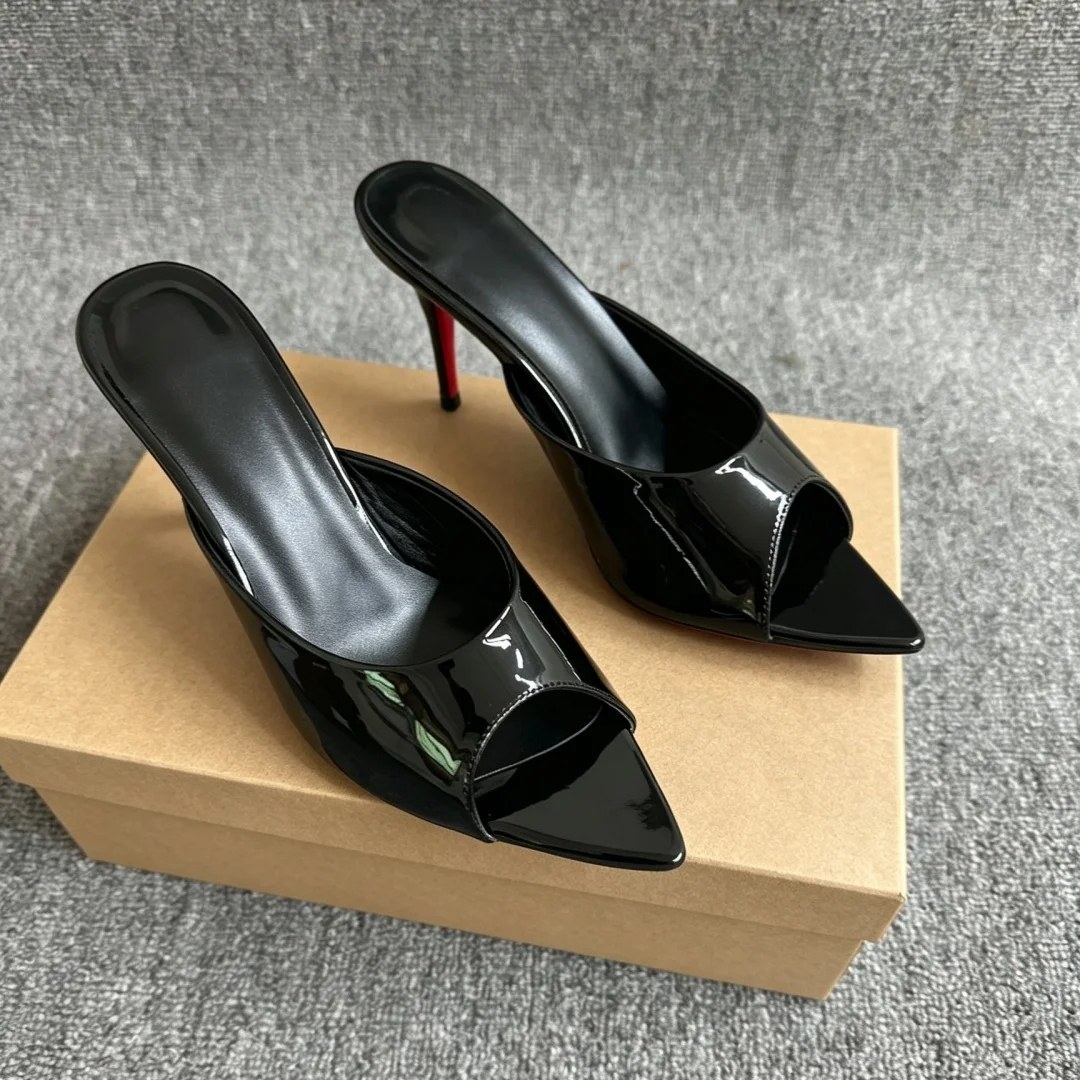 Women Black Patent Leather Peep Toe Mules Pointed Toe Thin Stiletto Classic Red Sole Slip On Summer High Heel Sandals Mature New view 4