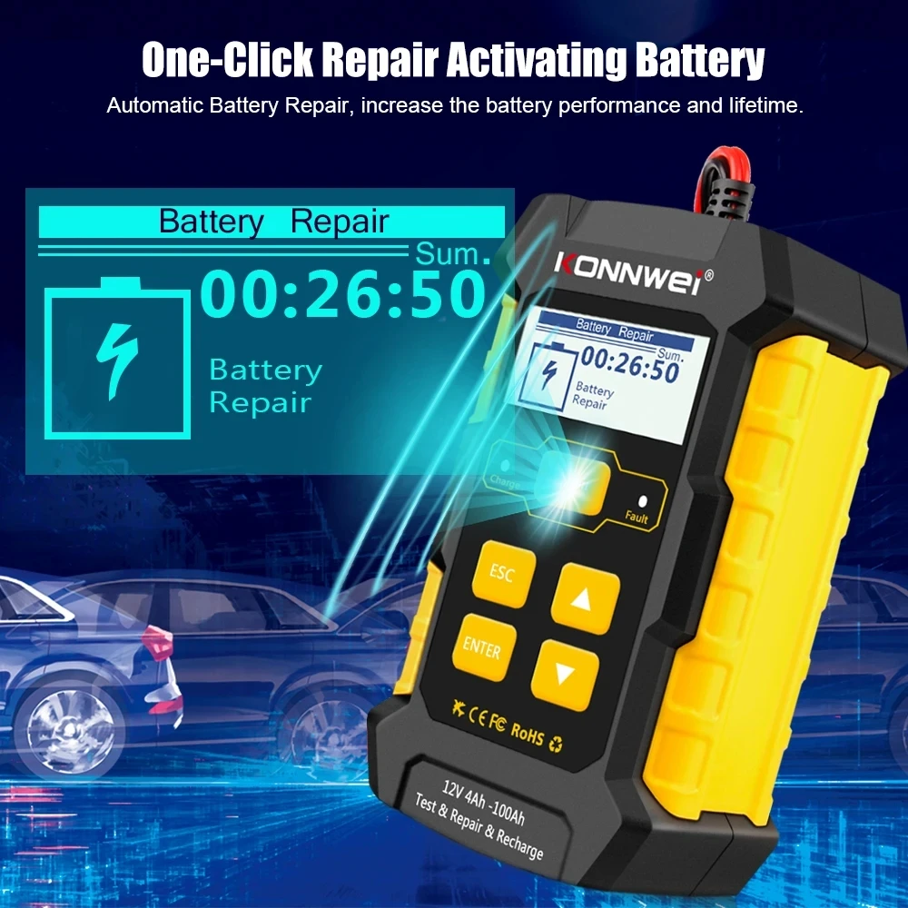 KONNWEI KW510 12V Car Battery Tester Full Automatic Auto Battery Analyzer 5A Gel Battery Charger Wet Dry Lead Acid Repair Tools