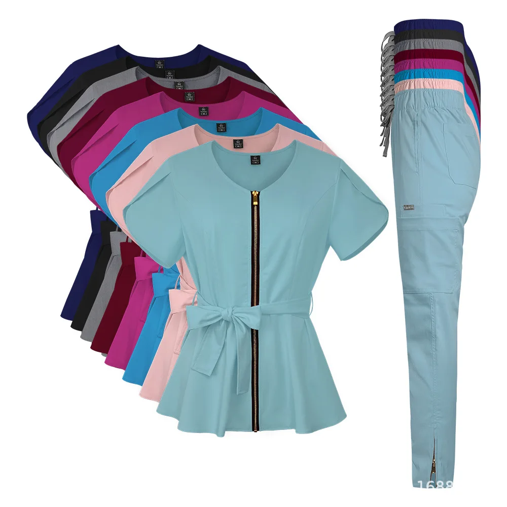 Medical Scrub Set Zipper Peplum Top Bow Tie Waist Multi Pocket Drawstring Straight Pants Beautician Aesthetic Nurse Work uniform