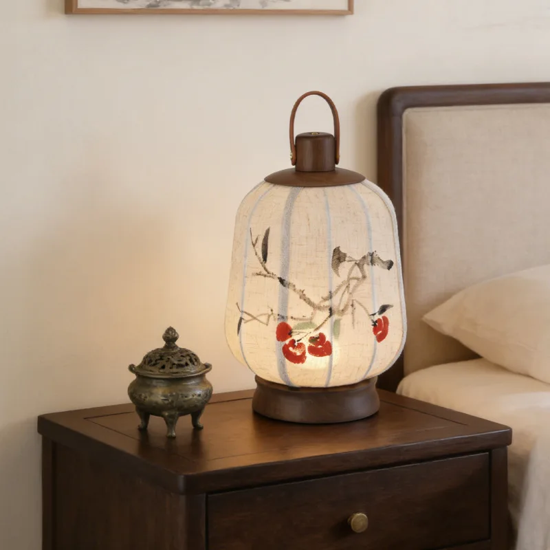 Medieval Style Table Lamp Persimmon Pattern Fabric Zen Bedside Light Wooden Base Bedroom Living Room Study Tea Room Lantern Led