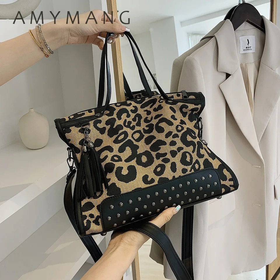 Leopard Print Shoulder Bags for Women 2026 New Designer Retro Rivet Large Capacity Handbag Tote Bag Canvas Female Crossbody Bags