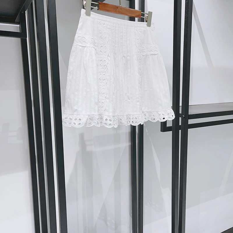2026 Women's White Eyelet Embroidery 2 Piece Set | Halter Sleeveless Top + Pleated A-Line Mini Skirt Summer Outfit