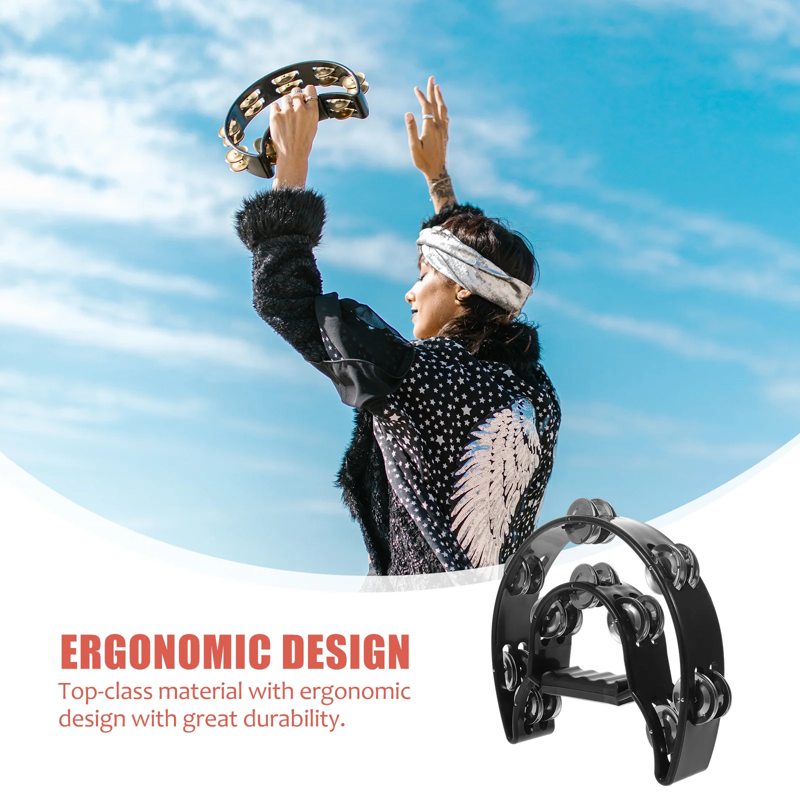 

40 Jingles Moon Tambourine Half Moon Hand Held Rubber Handle Stable Grip Percussion Instrument Music Concert Party