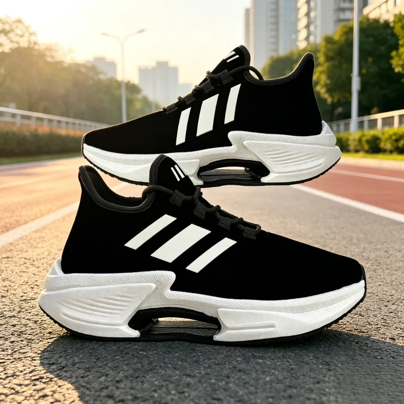 Men Women Sneakers, White Three‑Stripe Graphic, Sporty Outdoor Style, Hollow‑Sole Breathable Shock‑Absorbing Running Shoes