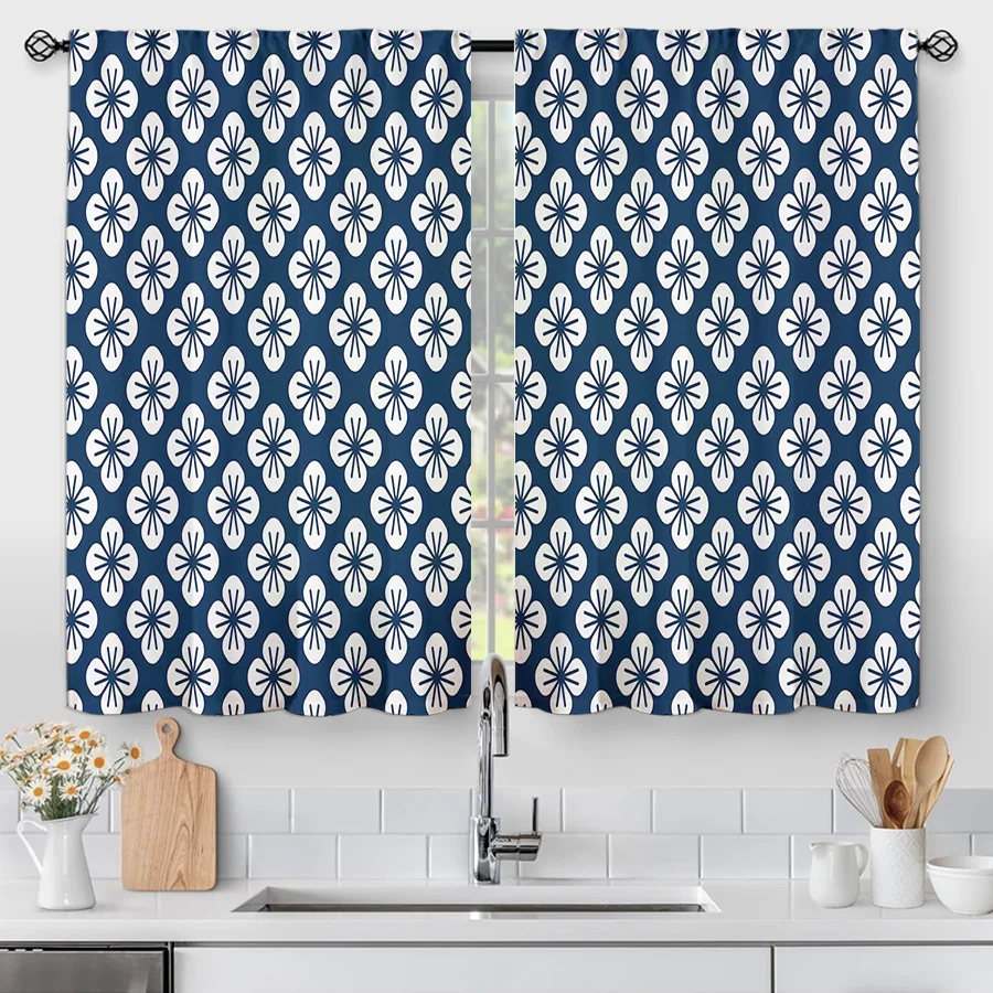 2PCS Digital Print Curtains, Navy Blue White Four Leaf Clover Geometric, Minimalist Modern for Bedroom Living Room Decor