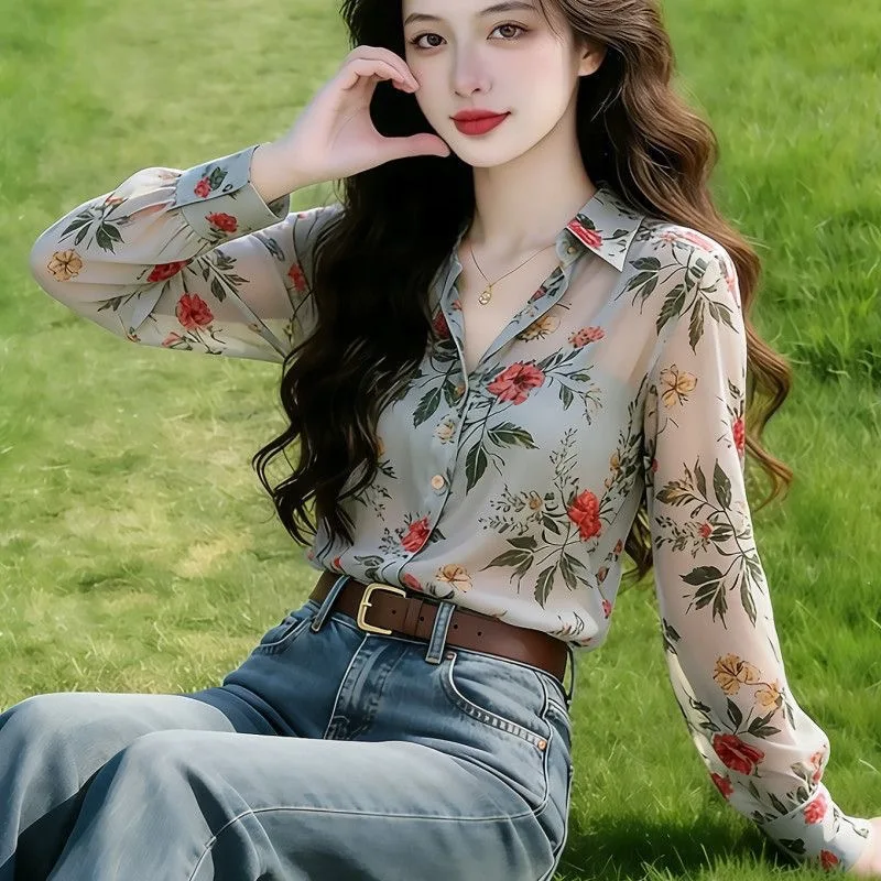 Retro Floral Long Sleeve Shirt Women's Loose Printed Commute Style Summer Sun Protection Top Breathable Polyester Fabric