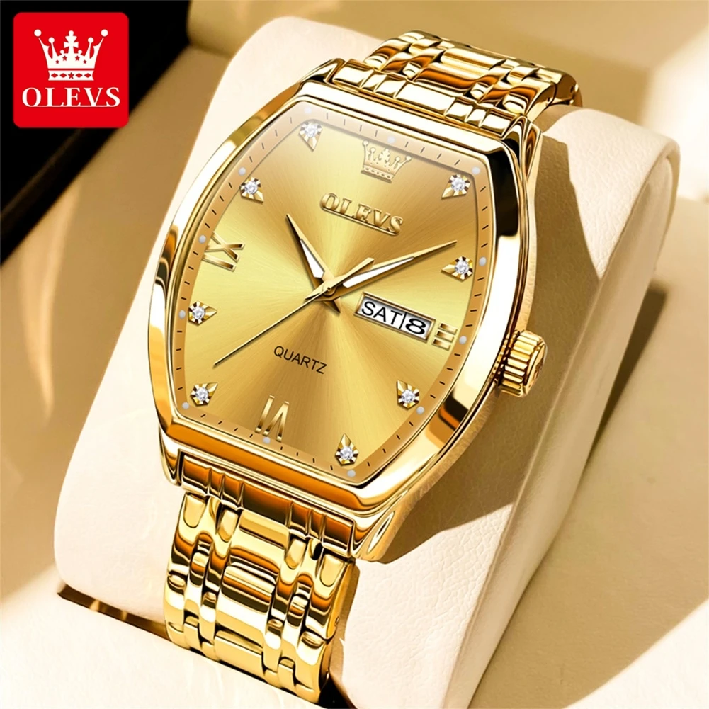 OLEVS 5528 Men Watch Fashion Business Dual Calendar Display Gold Stainless Steel Waterproof Watch Luxury Brand Quartz Men Watch