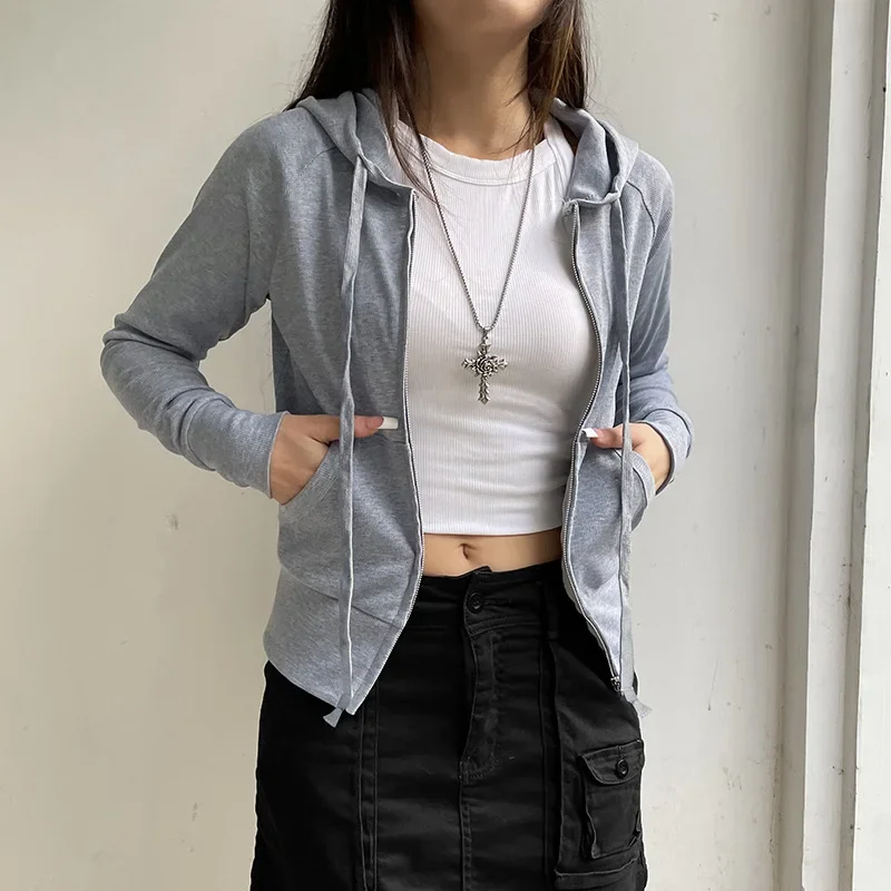 Solid Basic Casual Hooded Women Slim Pockets Hooded Zip-up Y2K Long Sleeve Tops 2025 Spring Fashion Korean Style Popular Clothes