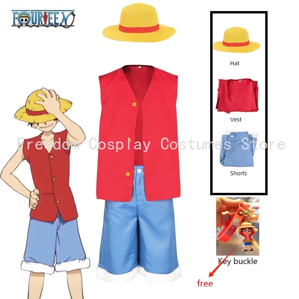 

Luffy Cosplay Costume Anime Piece Coat Pants Hat for Kids Adult Beach Clothing Halloween Carnival Party Role Play Suit