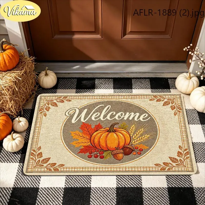 VIKAMA Pumpkin Wreath Doormat Black Golden Border Maple Leaves Fall Autumn Welcome Mat Entryway Rug Front Porch Decor