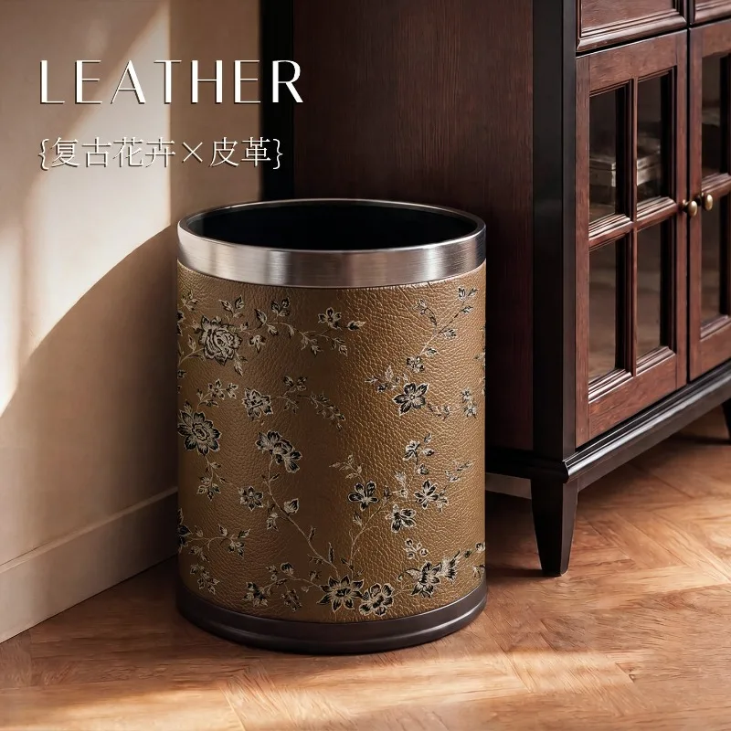 American Retro Dark Floral Trash Can, Tropical Retro Mid-century Large Capacity Waste Bin for Living Room Storage Decor