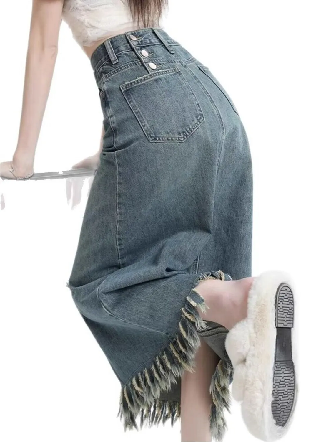 Women's High Waist Vintage Washed Denim Skort with Built-in Shorts Side Slit Mini Skirt