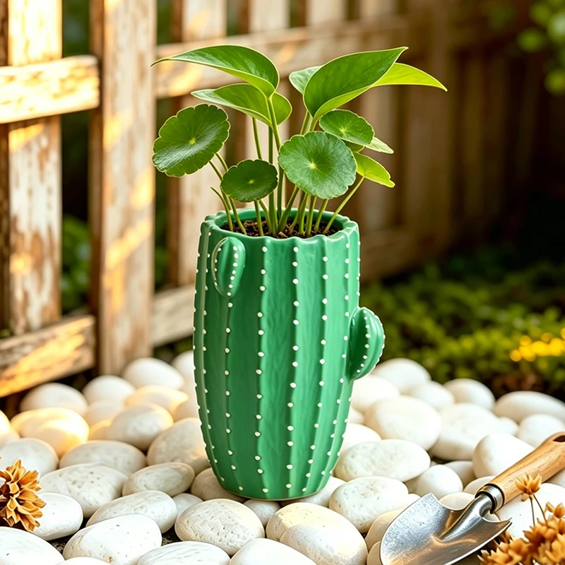 Green Cartoon Cactus Resin Planter Small Succulent Flower Pot Container for Windowsill Desk Balcony Minimalist Home Table Decor