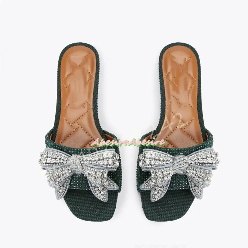 

Тапочки на плоской подошве с квадратным носком и стразами, замшевые синие тапочки с неглубоким носком, летняя роскошная женская обувь для пляжного отдыха, гладиаторская обувь