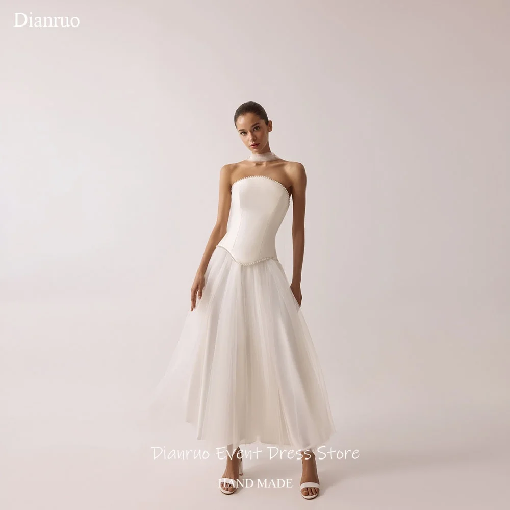 Dianruo Minimalist Pearl Trimmed Wedding Dress Strapless Layered Tulle Vestido Novia Ribbons Civil Robe De Mariée Customized