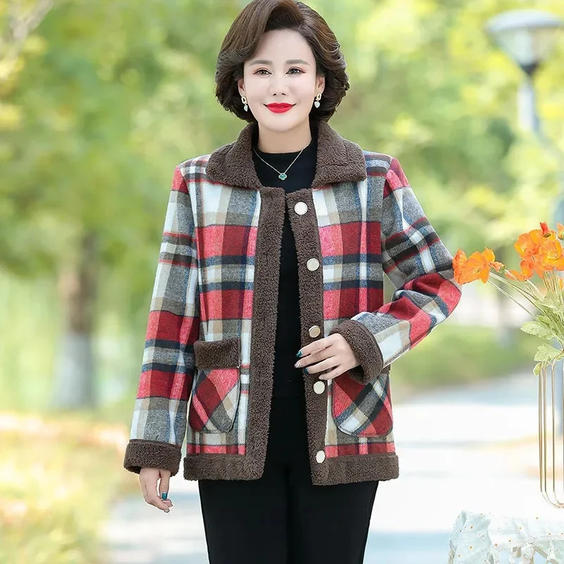 

New Autumn Winter Jacket Plush Thickened Warm Coat For Middle Old Aged Women Loose Large Size Fashion Checkered Outerwear Top