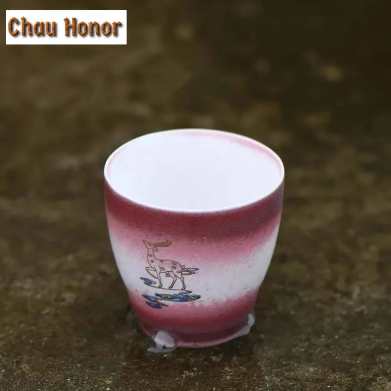 150ml Retro Underglaze Red Printing Deer Ceramic Teacup Creative Kiln Change Master Cups Puer Tea Bowl Jianchan Kung Fu Tea Gift