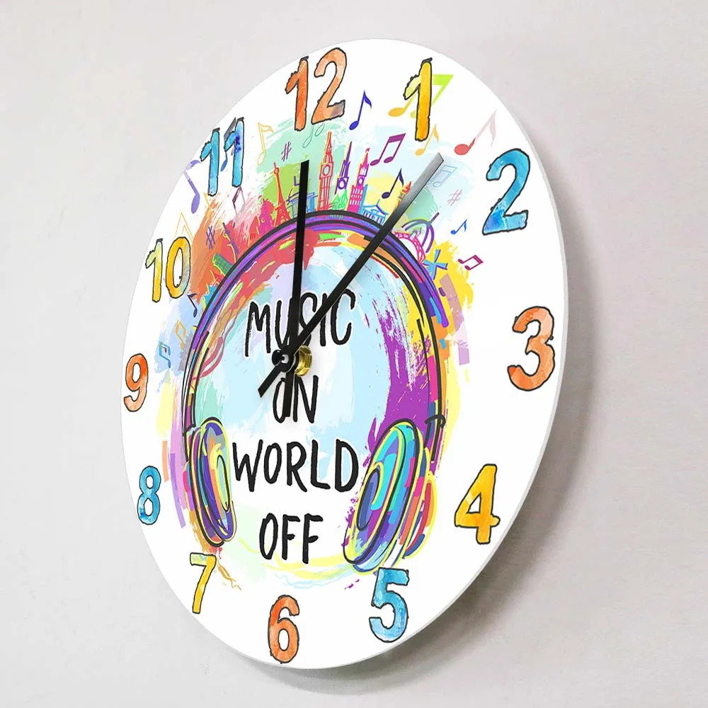 Watercolor Headphone Wall Clock - Silent Quartz Musician Lover Gift Music on World off Design for Studio Bedroom Decor