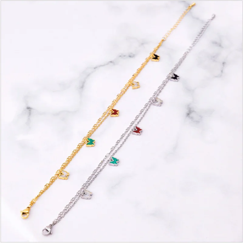 316L Stainless Steel New Fashion Jewelry 2 Layer Embedded In Natural Shells Hang 5 Butterflies Charm Chain Anklets For Women