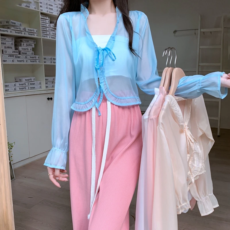 Trumpet Sleeve Ruffled V-neck Tie Breathable Chiffon Ladies Cardigan Sexy Vacation Beach Blouse Powder Cool Women's Jacket