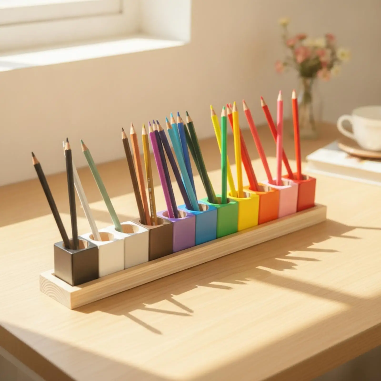 Wooden Pen Holder with Cups Multi-Color Desktop Pencil Cup Organizer Colorful Pencil Holder Organizer for Teachers, Study Desk,