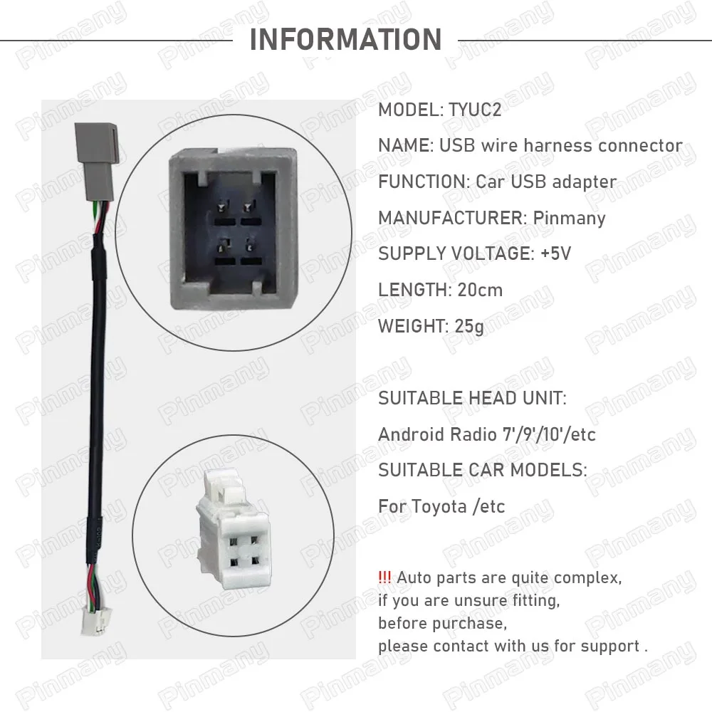 for Toyota Vios Sienna Camry Fortuner Car Android head unit Connector 4 Pin Audio USB Wire Harness Cable  Socket Adapter TYUC2