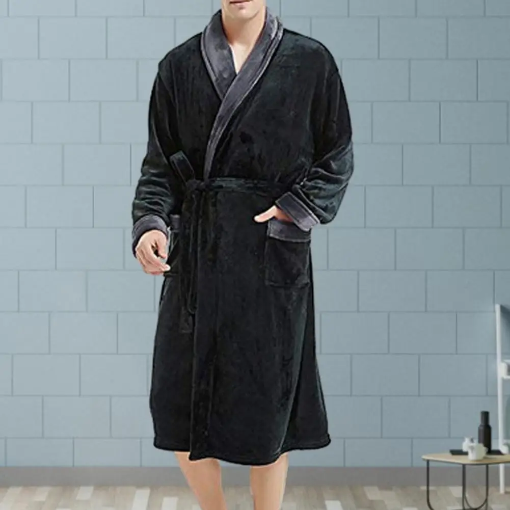 

Unisex Bathrobe Luxurious Men's Winter Nightgown with Plush Coral Fleece Long Sleeve Robe with Tie Waist Pockets Cozy Homewear