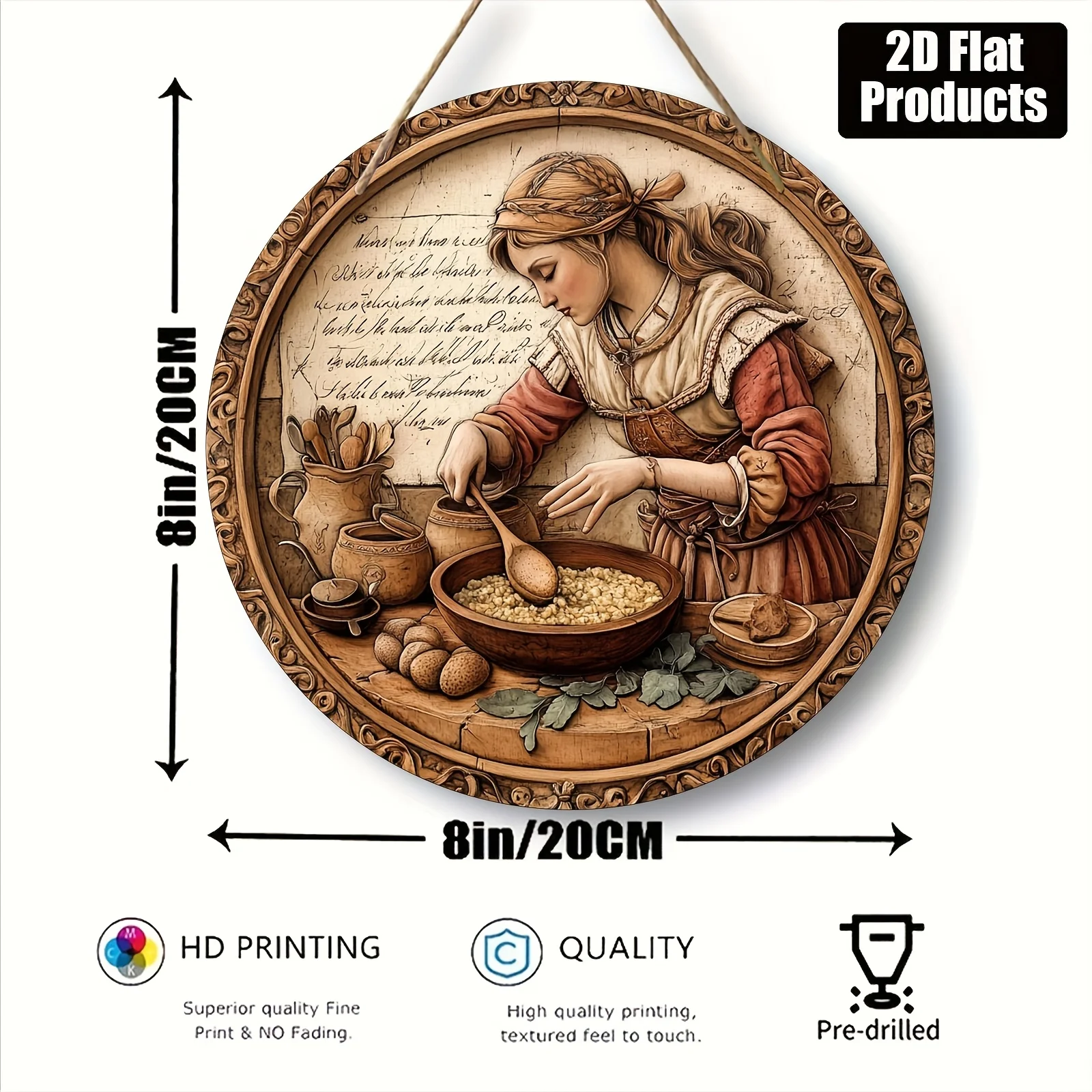 2D Flat, 1pc, round wooden board decorative painting sign plaque, Cooking woman Theme, suitable for bar kitchen cafe family room