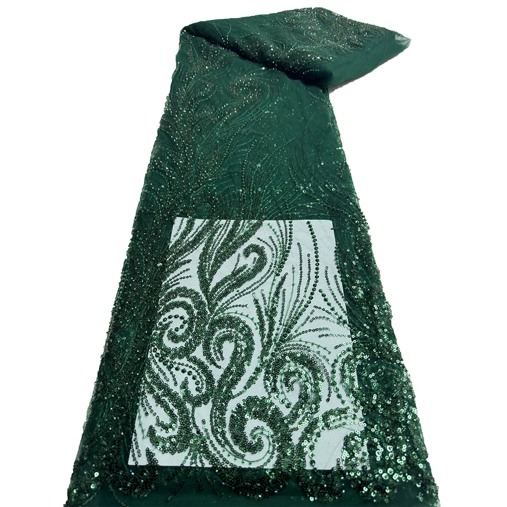 

African Lace 2024 French Cloth Fabrics Embroidery Sequins For Women Tulle Green Beaded Fashion Mesh Fabric 5Yards Sewing