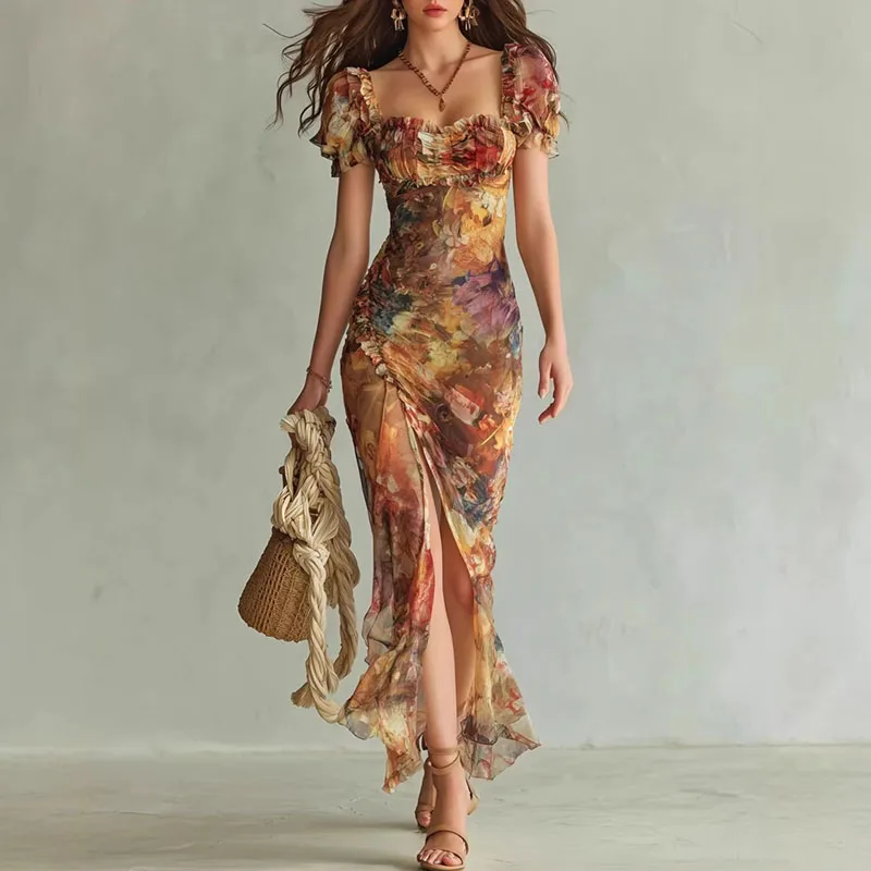 Boho Vakantie Zomer Strandjurk Dames Lente Vierkante Kraag Holle Split Bodycon Lange Jurk Sexy Puffmouw Geruite Maxi Jurken