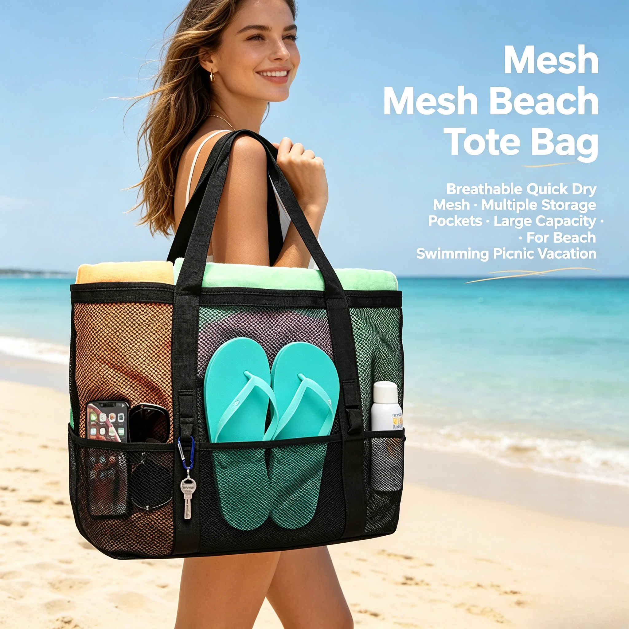 Large Mesh Beach Tote Bag, Multifunctional Handheld Shoulder Swim Storage Bag, Scratch Proof Easy Clean Carry Bag for Swimsuits