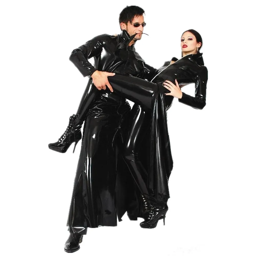 Unisex Black Shiny PVC Faux Leather Long Coat Matrix Neo Men Women Gothic Trench Coat Cosplay Night Singer DS Stage Costume