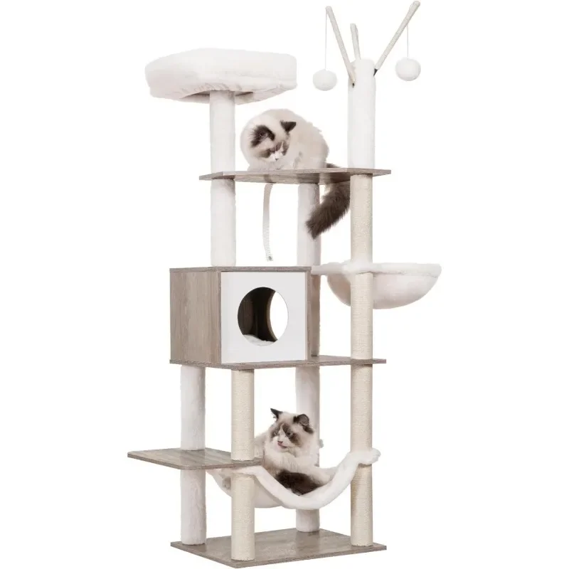 Arbre à chat en bois marron rustique avec poteaux à gratter, tour à chat moderne, meubles pour chat, jouets, condo, 55.5 po