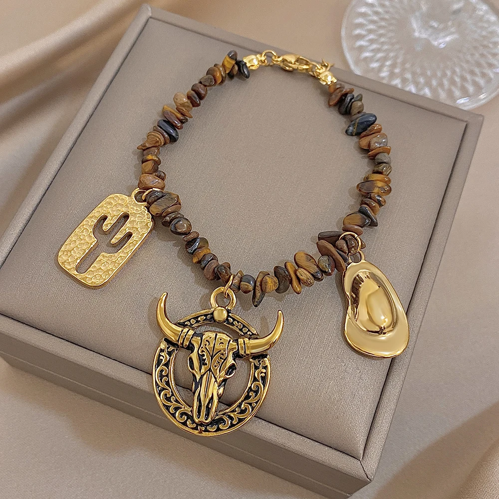 New Trendy Women's Bracelet Vintage Natural Stone Chain Boho Cow Head Cactus Sun Heart Love Charms Bracelet Fashion Jewelry Gift