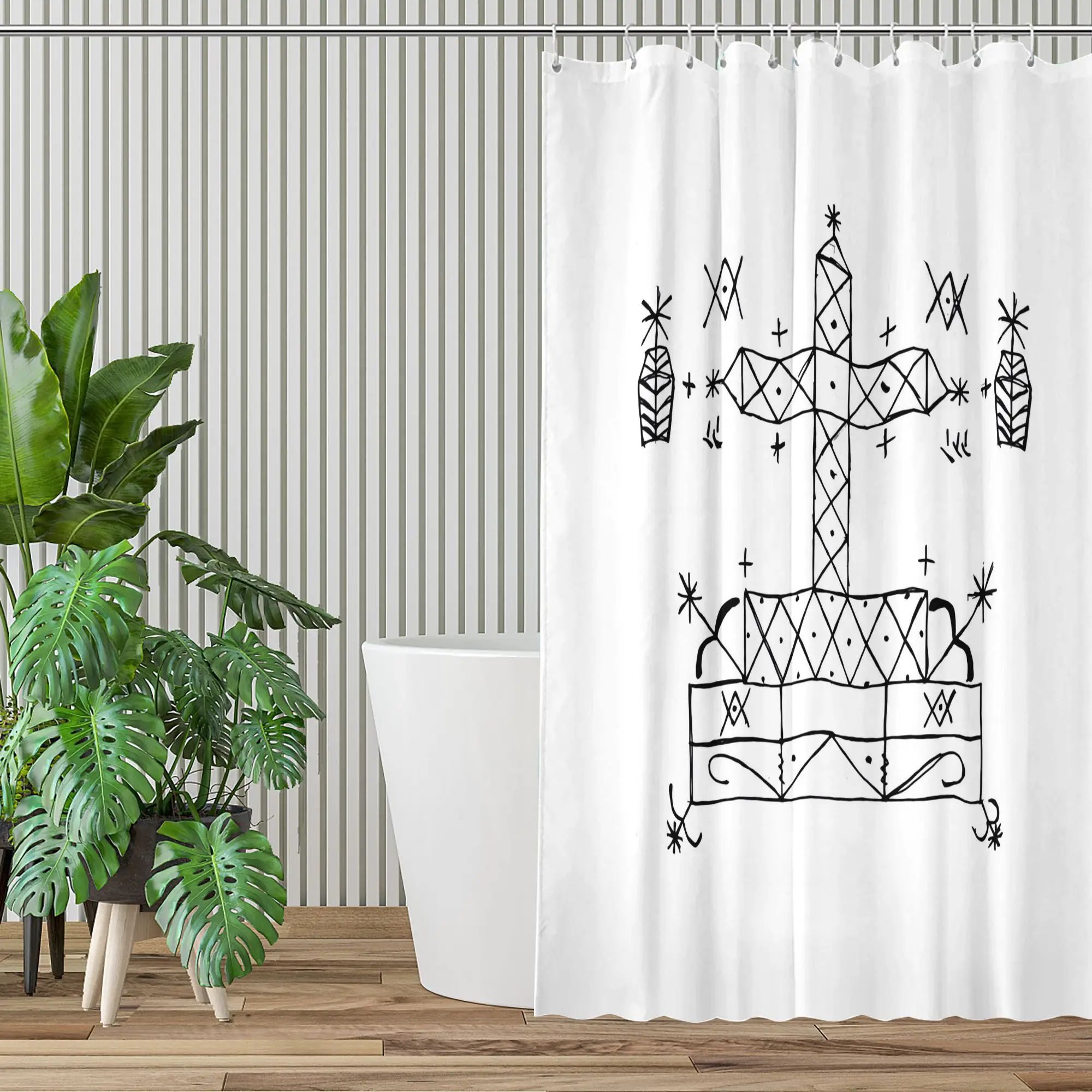Black Veve Symbol Shower Curtain, Voodoo Art Pattern Waterproof Bath Curtain, Mystical Occult Decor for Bathroom
