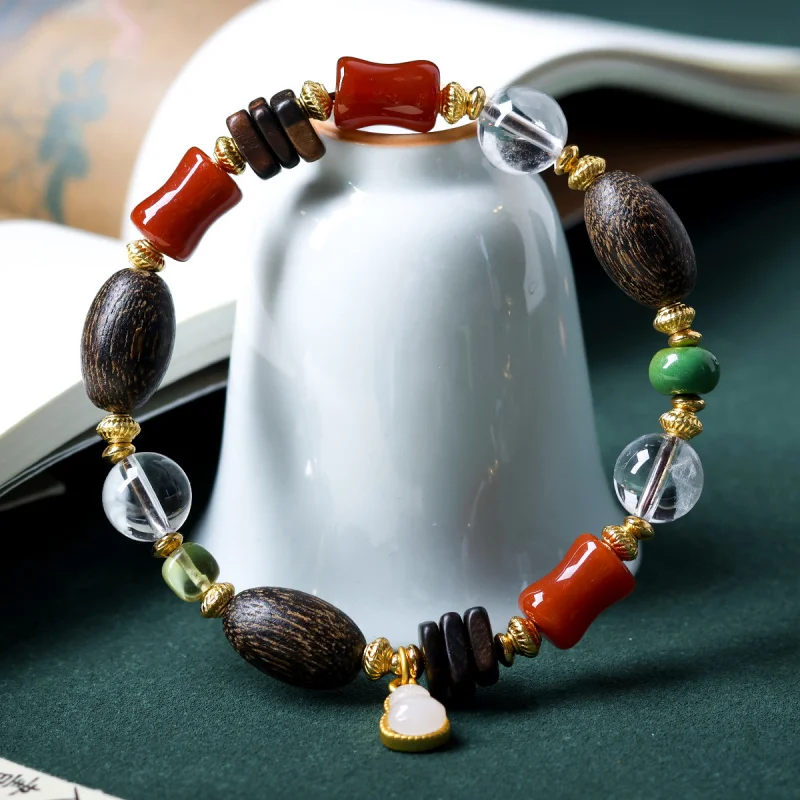 Natural white crystal, insect-eaten agarwood bracelet, amber, southern red agate bracelet, wooden jewelry
